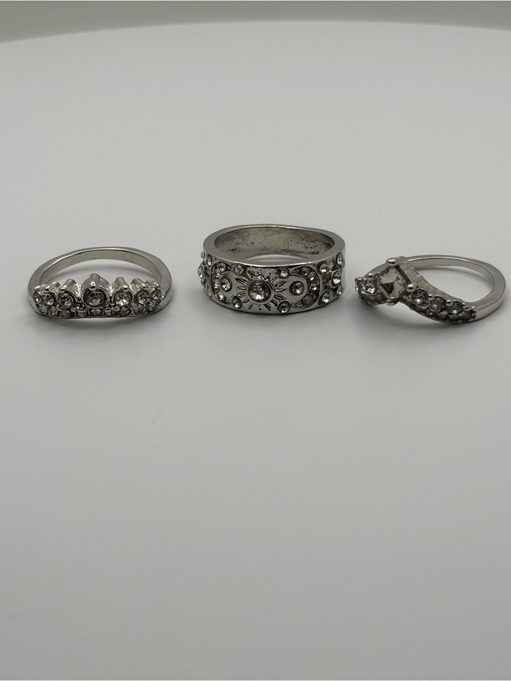3-Piece Silver Tone Crystal Ring Set Statement Stackable Rings